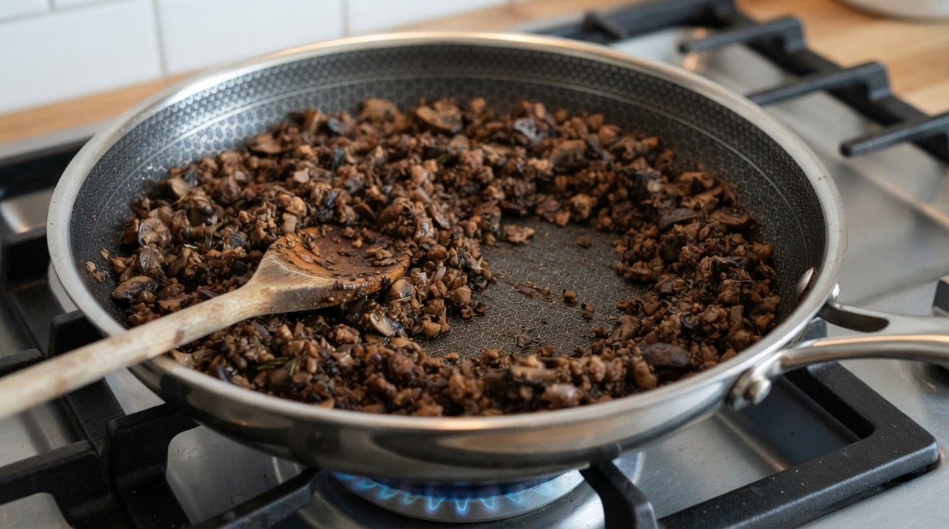 Chestnut and mushroom duxelles for a Christmas beef Wellington cooked down dark and dry in a skillet, with a wooden spoon leaving a clean trail through the pan