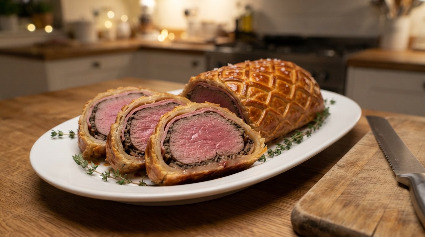 Christmas beef Wellington carved into thick slices on a white platter, showing the golden lattice-scored pastry, a thin band of prosciutto, dark chestnut duxelles and an even pink medium-rare center