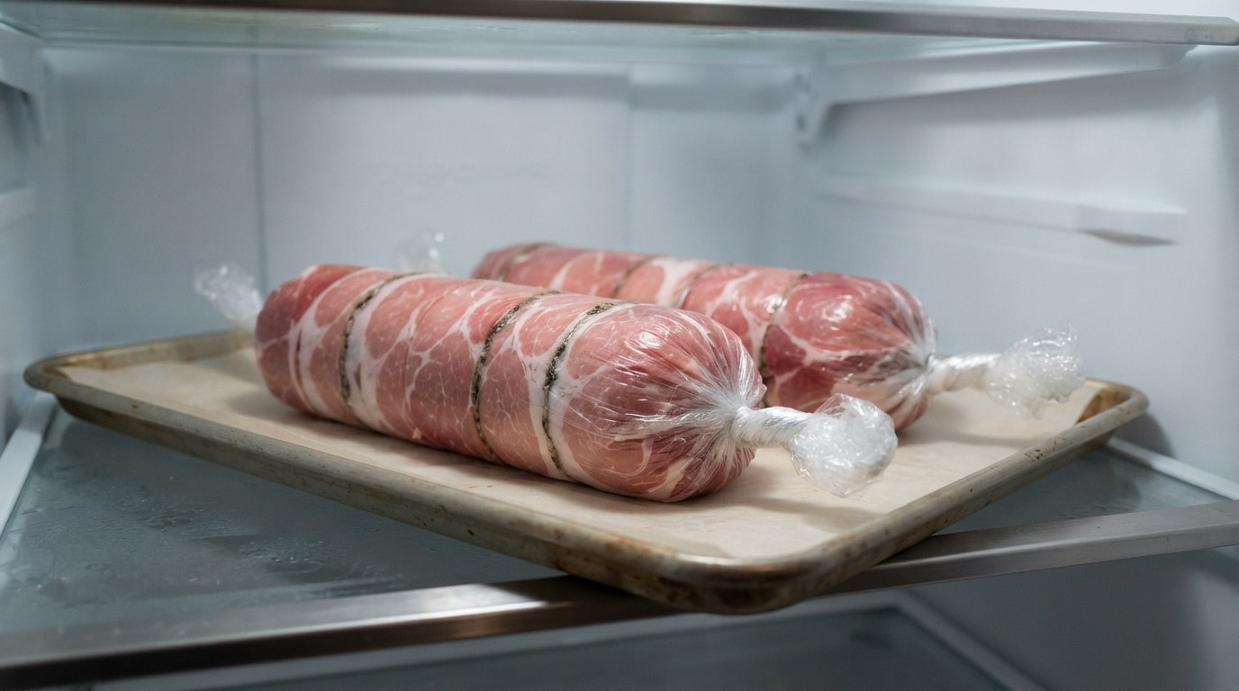 Christmas Day step for beef Wellington: two seared tenderloins rolled tight in overlapping prosciutto over a dark mushroom duxelles, sealed in cling film twisted shut at both ends, chilling on a sheet pan before the pastry goes on