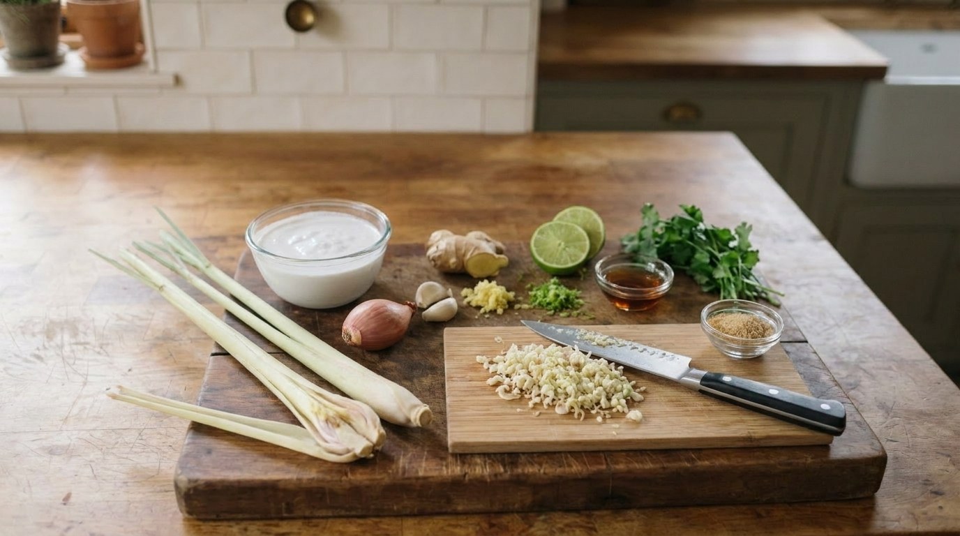 Coconut lemongrass sauce ingredients on a butcher-block counter: pale lemongrass stalks, minced lemongrass, a bowl of coconut milk, shallot, garlic, ginger, a halved lime with zest, fish sauce, brown sugar and cilantro