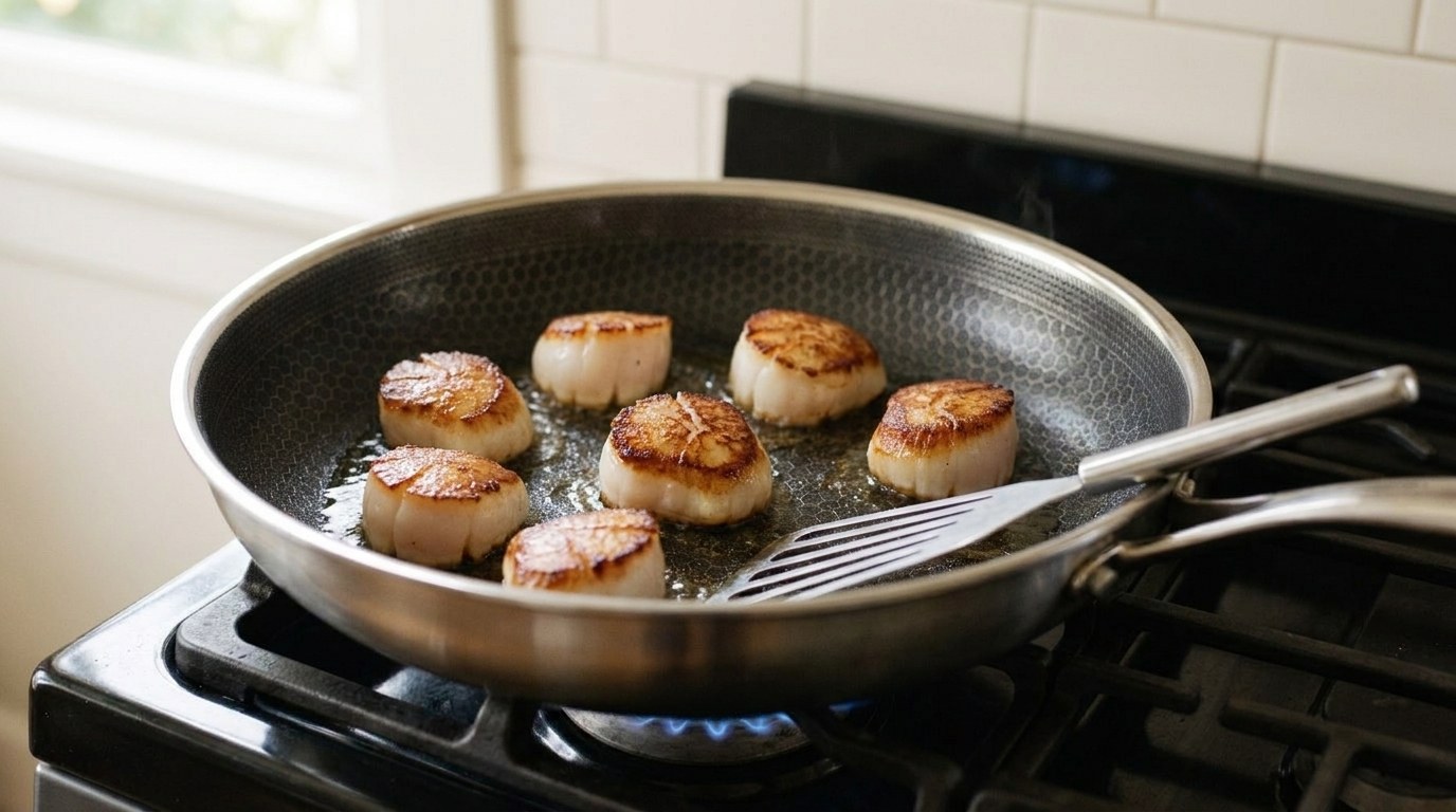 Large sea scallops with deep golden seared tops in a hybrid stainless skillet on a gas range, a fish spatula resting in the pan