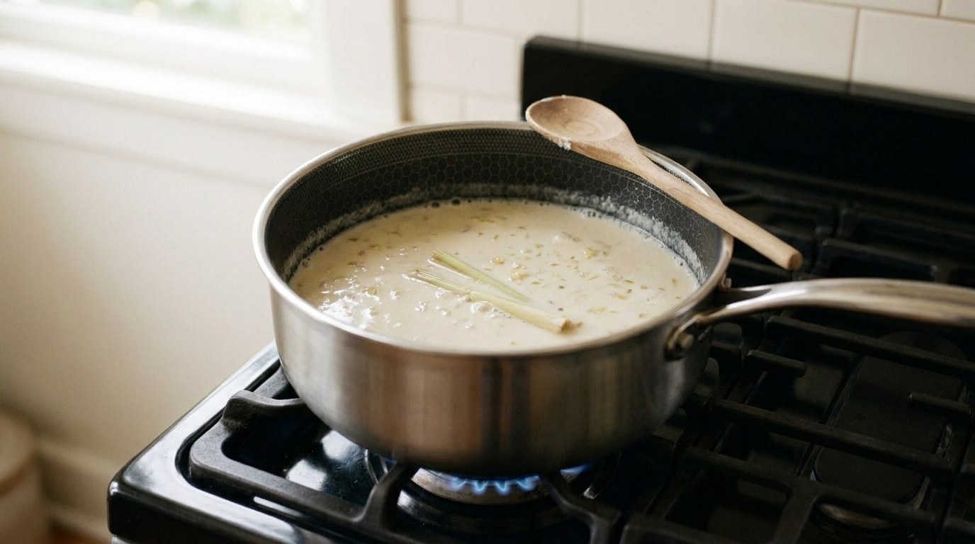 Coconut lemongrass sauce simmering gently in a hybrid stainless saucepan on a gas range, creamy ivory coconut milk with minced lemongrass, shallot and bruised lemongrass pieces, a wooden spoon resting on the rim