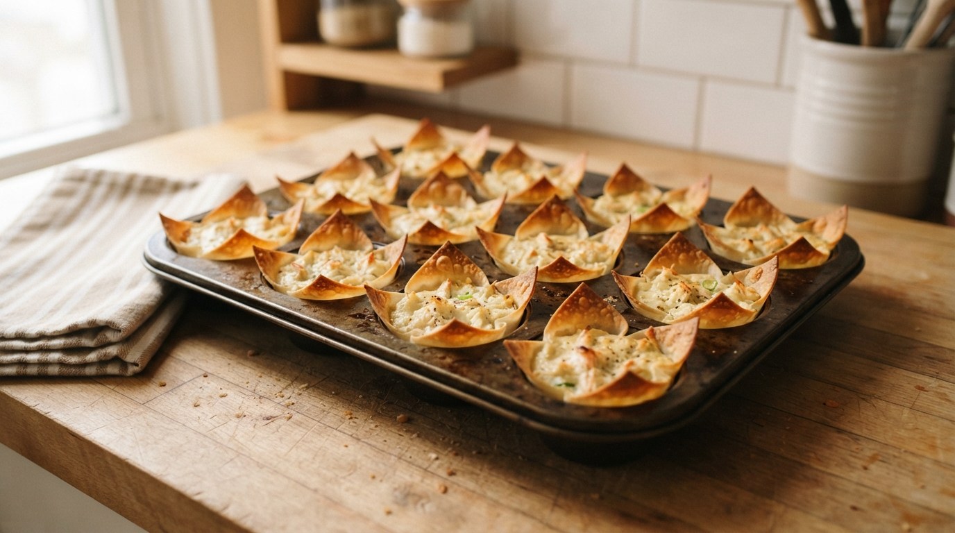 A muffin tin just out of the oven holding crisp deep-golden baked wonton cups filled with creamy crab and cream cheese filling, lightly golden on top