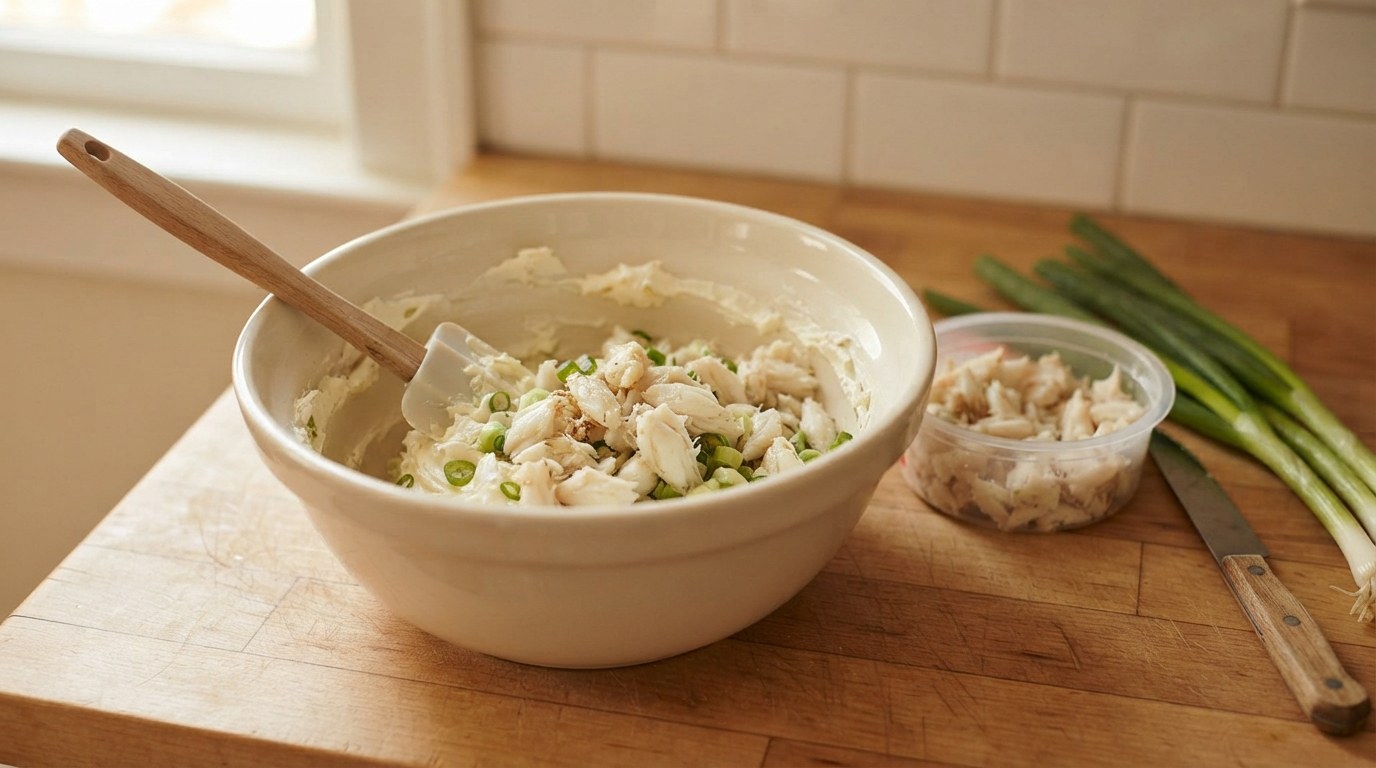 A bowl of softened cream cheese filling with sliced scallions and chunks of lump crab meat being folded in with a spatula, an open container of crab and scallions beside it