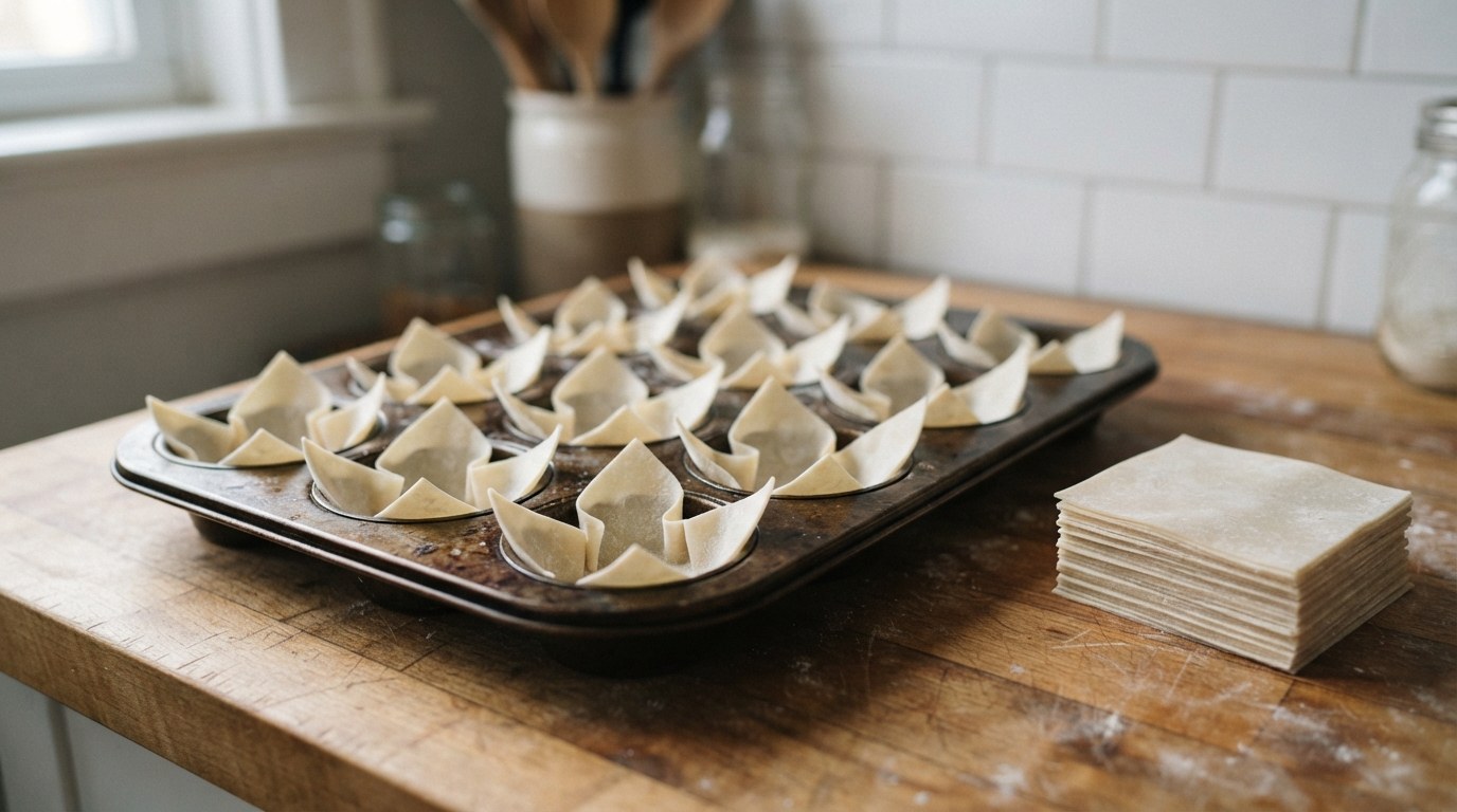Square wonton wrappers pressed into the wells of a muffin tin with their corners pointing up, a stack of wrappers beside the tin, before baking