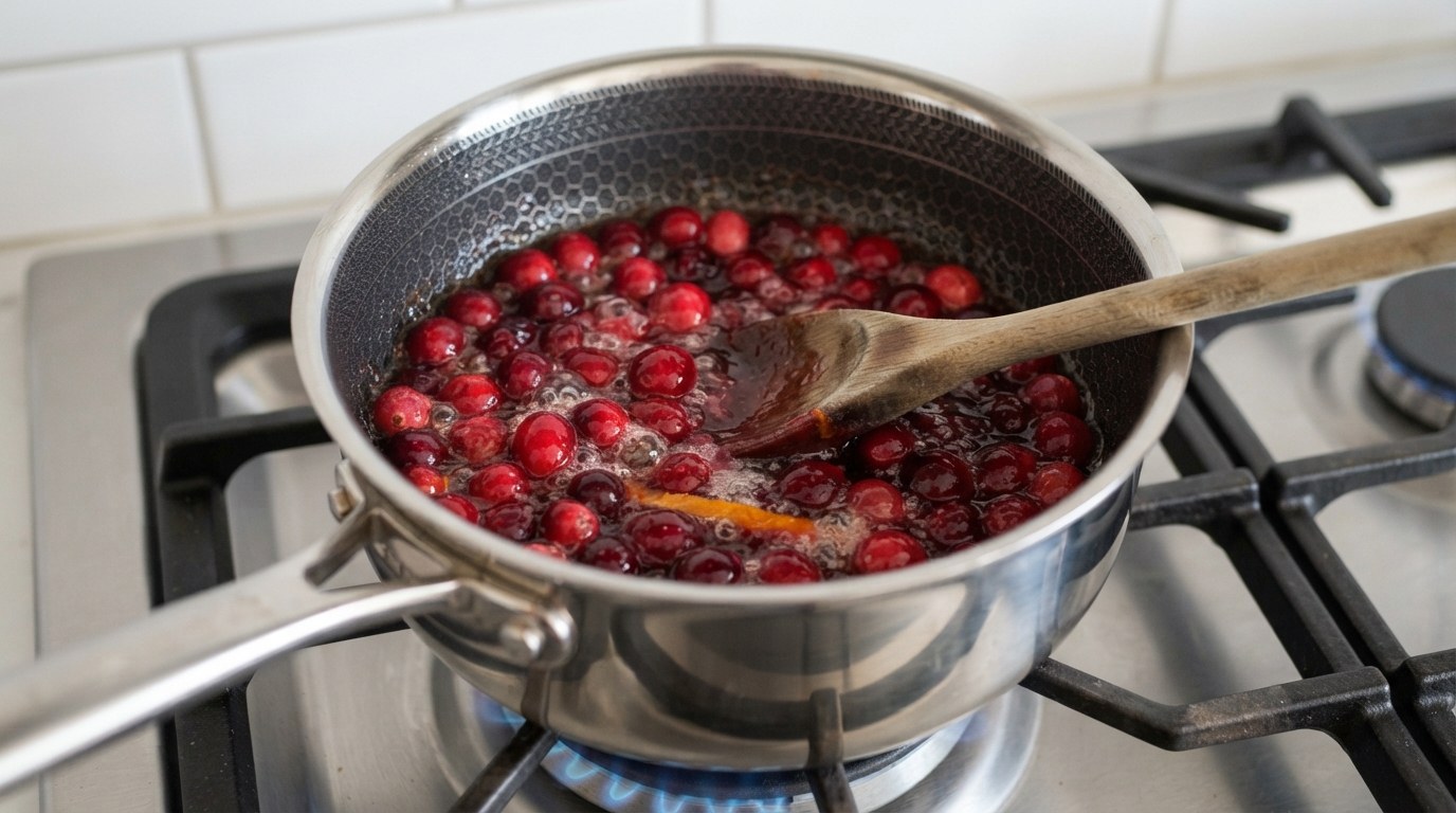 Fresh cranberries simmering in maple syrup with a strip of orange zest in a small saucepan, half the berries burst into a jammy red sauce, a wooden spoon resting in the pan