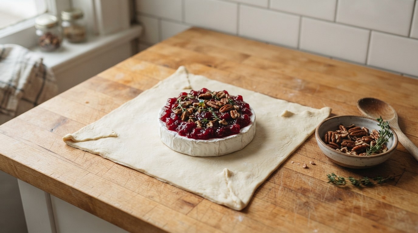 A wheel of brie in the center of a square of puff pastry on a board, its top spread with cranberry sauce and scattered with toasted pecans and thyme, before the pastry is folded up