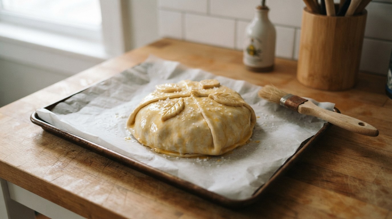 A round puff pastry parcel with a brie wheel sealed inside on a parchment-lined sheet pan, brushed with egg wash, decorated with pastry leaf cutouts and sprinkled with flaky salt, before baking