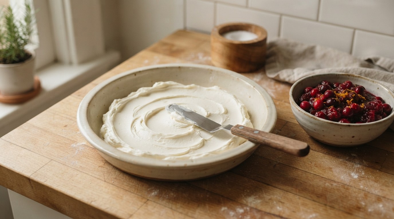 Whipped cream cheese being spread across a shallow ceramic dish in a smooth swirl with an offset spatula, a bowl of cooked cranberry-orange sauce waiting beside it