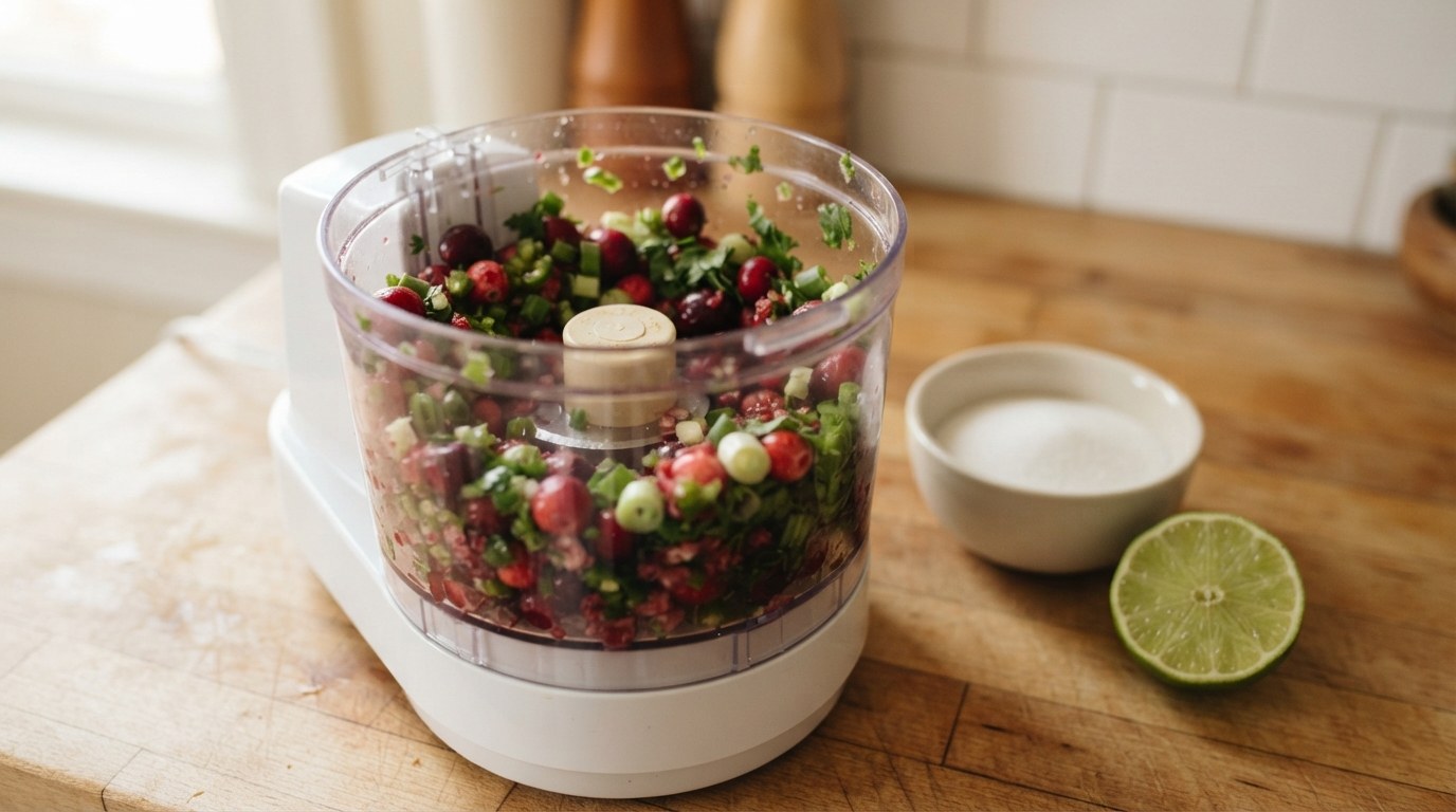 Coarsely chopped fresh cranberries pulsed with jalapeño, scallion and cilantro in a small food processor bowl, with a bowl of sugar and a halved lime beside it