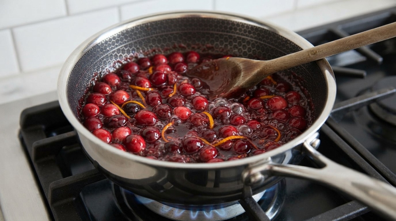 Fresh cranberries cooking in a small saucepan with strips of orange zest, half of the berries burst into a glossy deep-red sauce, a wooden spoon resting in the pan