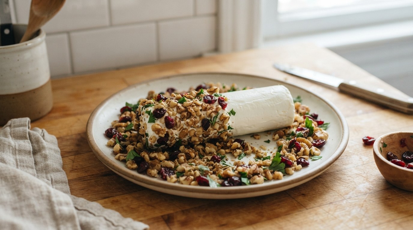 A chilled log of cheese half rolled in a coating of chopped toasted walnuts, dried cranberries and parsley spread on a plate