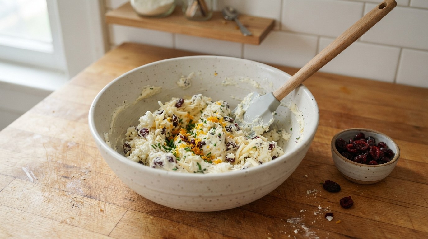 A mixing bowl of cream cheese beaten with shredded white cheddar and goat cheese, with chopped dried cranberries, chives and orange zest folded through, a spatula resting in the bowl