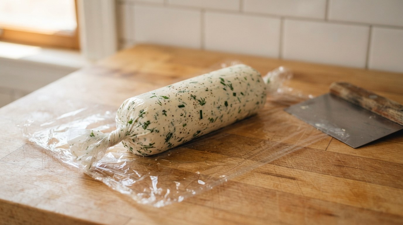 A log of the cheese mixture shaped on a sheet of plastic wrap with the ends twisted like a candy wrapper, a bench scraper beside it
