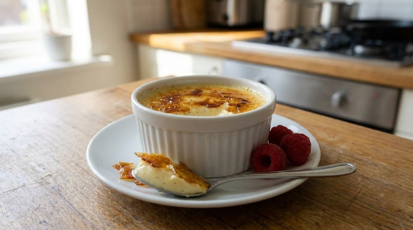 A ramekin of vanilla crème brûlée with its thin amber caramel top cracked open by a spoon, a few raspberries on the plate