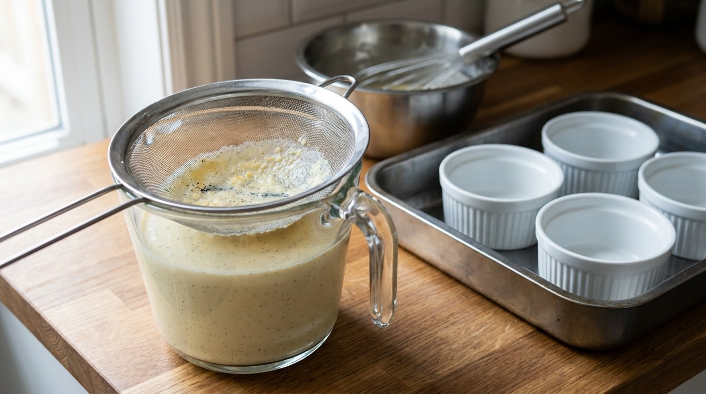 Crème brûlée custard base strained through a fine-mesh sieve into a glass measuring jug, vanilla specks in the custard, four white ramekins waiting in a roasting pan