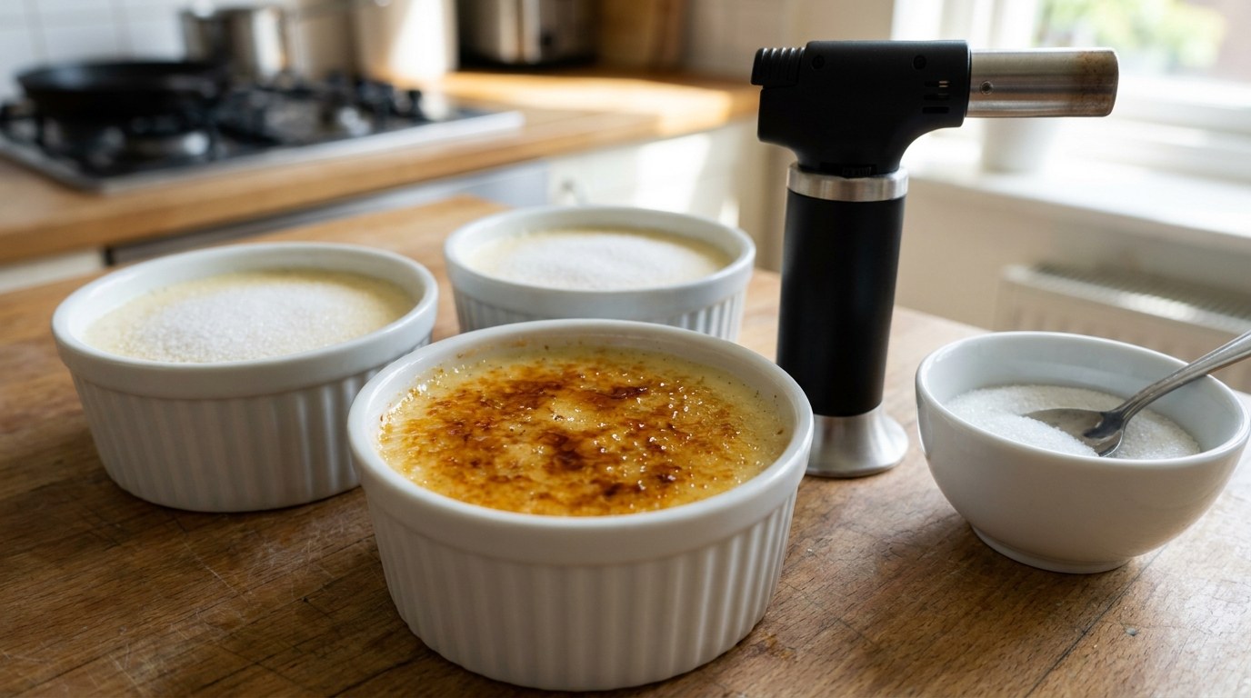 Three chilled crème brûlées, the front one torched to a thin glassy amber caramel top, two still covered with white sugar, a kitchen torch standing beside them
