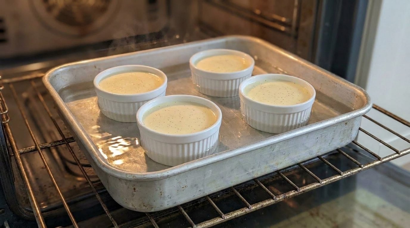 Four white ramekins of unbaked crème brûlée custard in a roasting pan with hot water halfway up their sides, on the oven rack