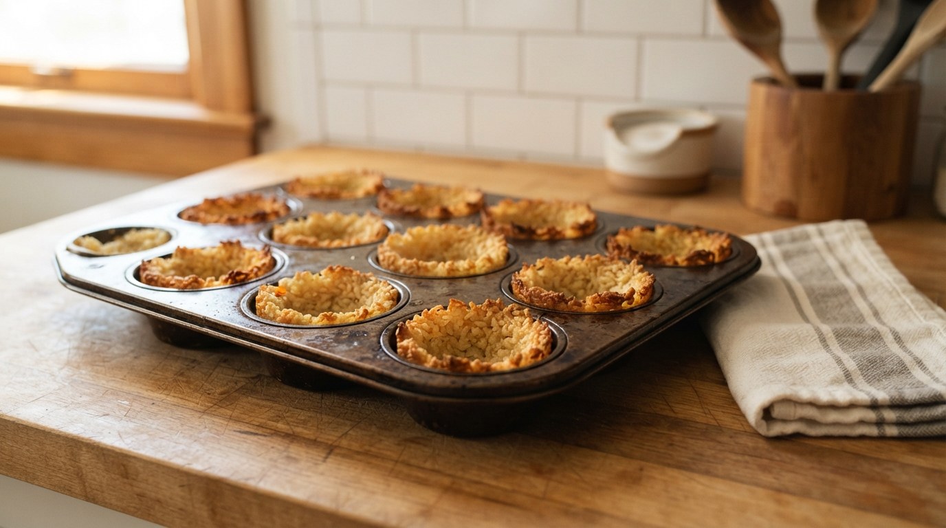 A muffin tin just out of the oven holding empty pressed rice cups baked deep golden and crisp on their rims and outsides, hollow centers ready to fill
