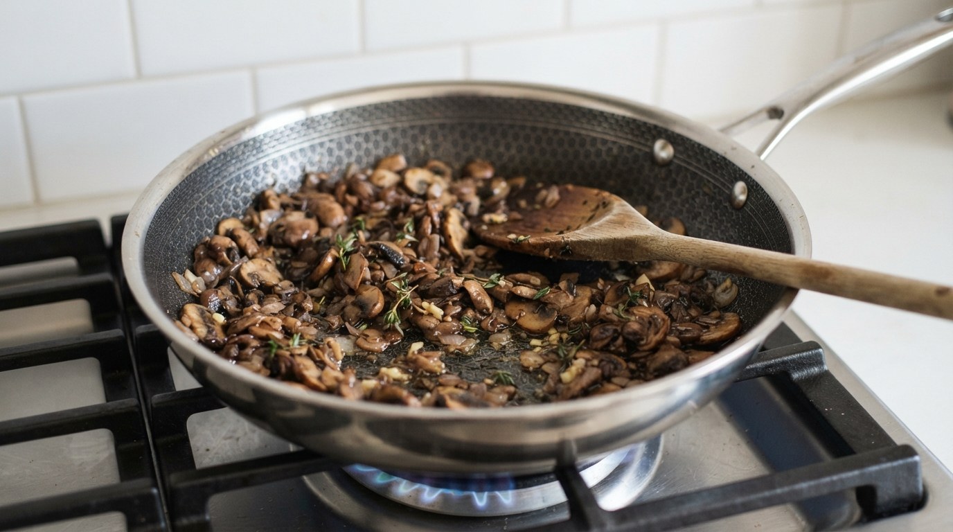Finely chopped cremini mushrooms and shallot browned dry in a skillet with garlic and thyme, a wooden spoon resting in the pan