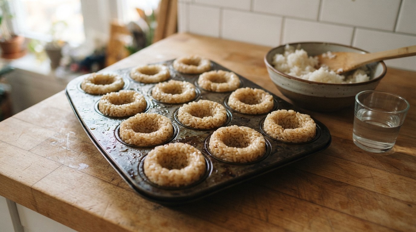 A muffin tin with each well packed with seasoned cooked short-grain rice pressed up the sides into a cup with a hollow center, a bowl of rice with a paddle and a glass of water beside it