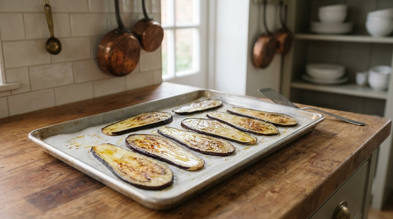 Baked eggplant slices for involtini, golden-brown and softened, laid flat on a parchment-lined rimmed baking sheet
