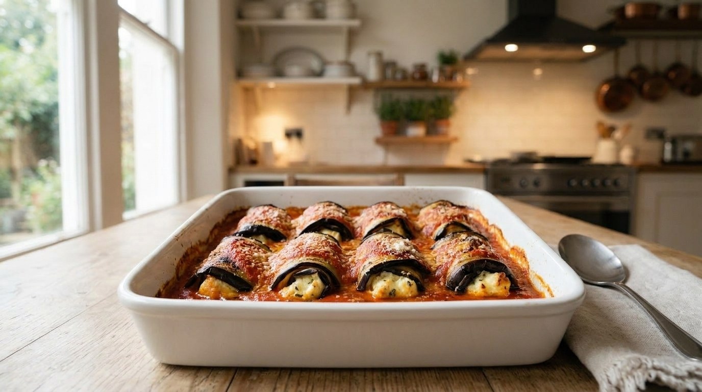Baked eggplant involtini in spicy red pepper sauce