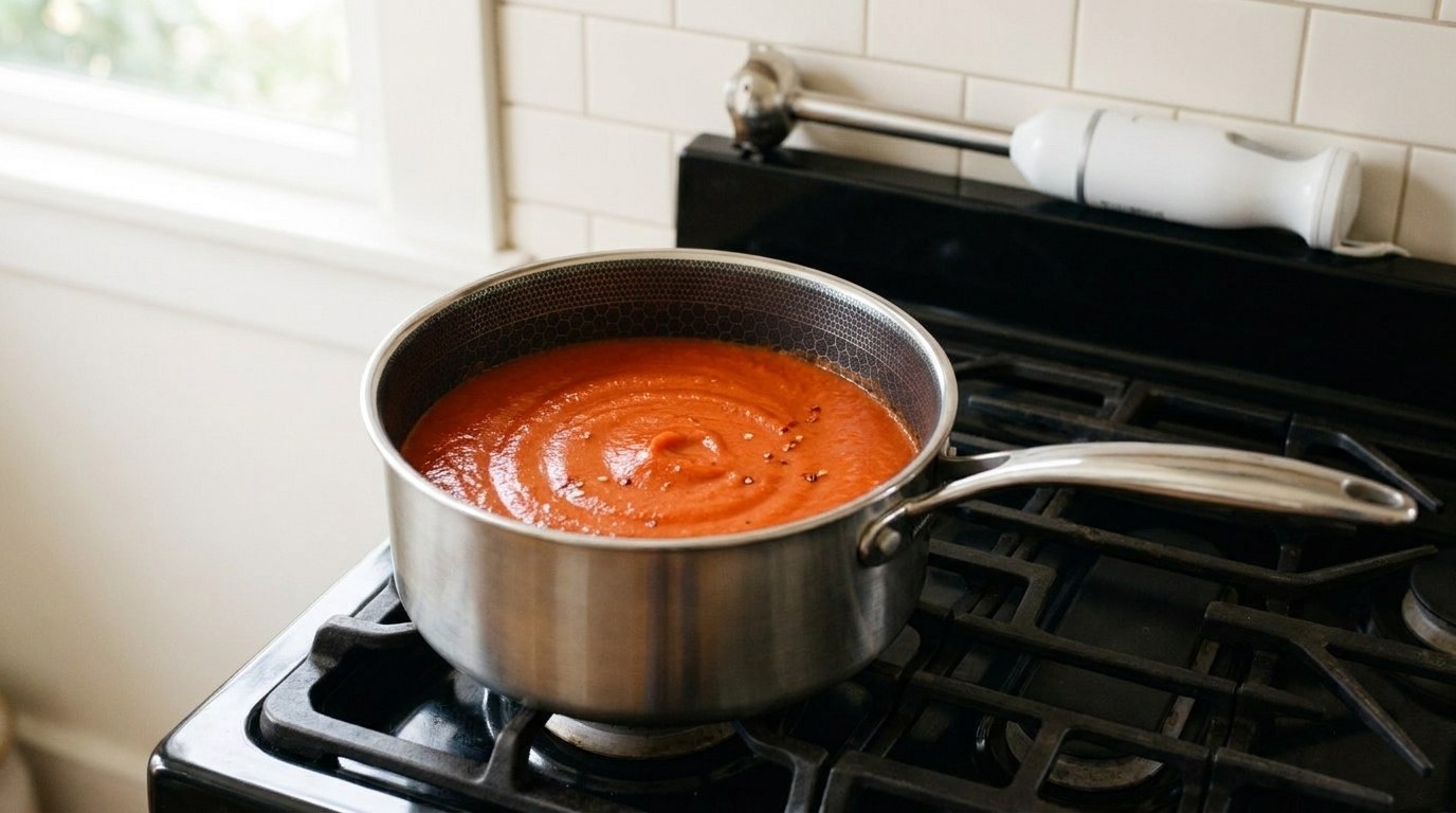 Smooth bright red pepper sauce for eggplant involtini, freshly pureed with an immersion blender in a saucepan on a gas stove