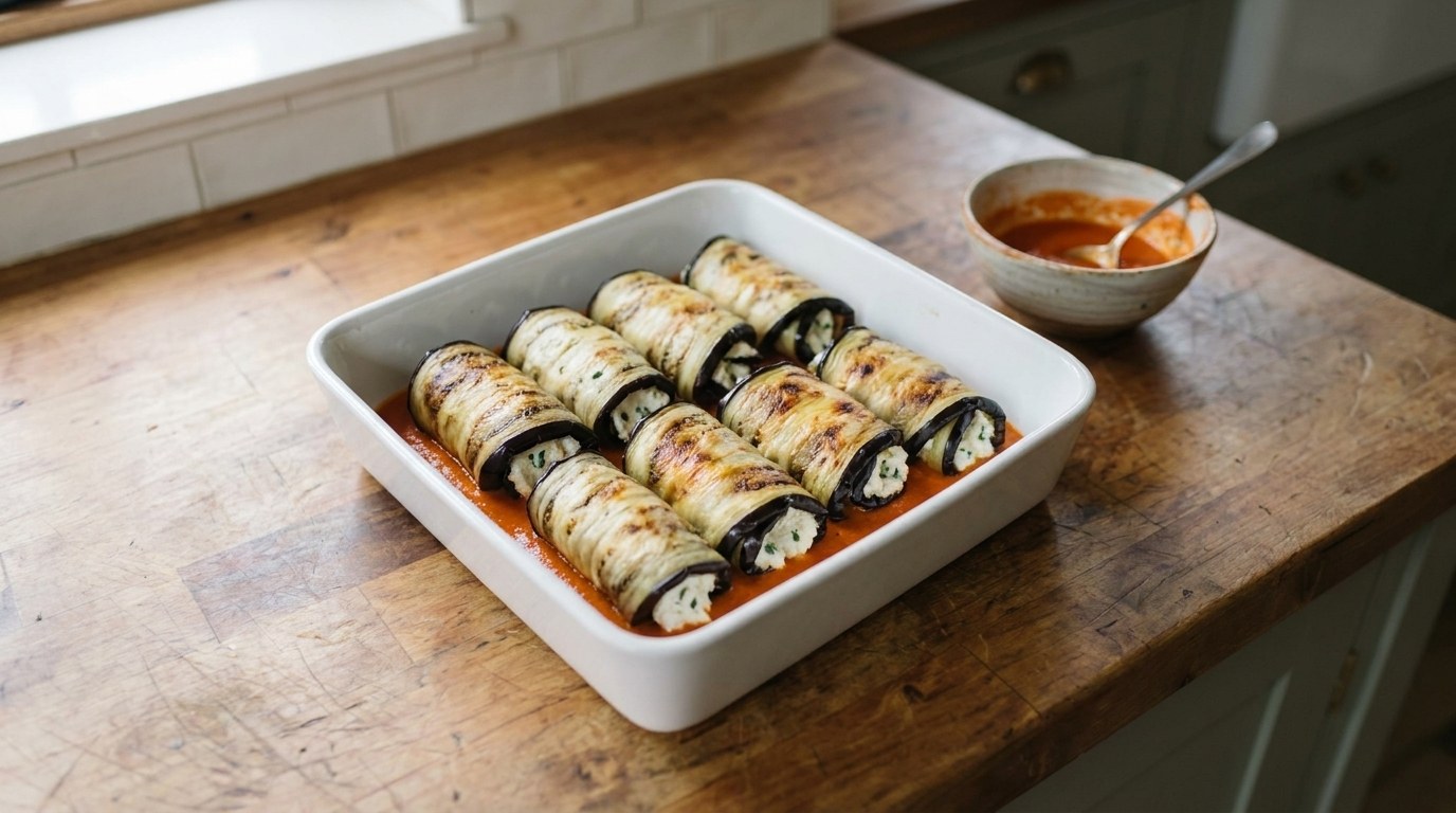 Eight eggplant involtini rolled around ricotta filling, seam-side down on a thin layer of red pepper sauce in a square white baking dish, before the final bake