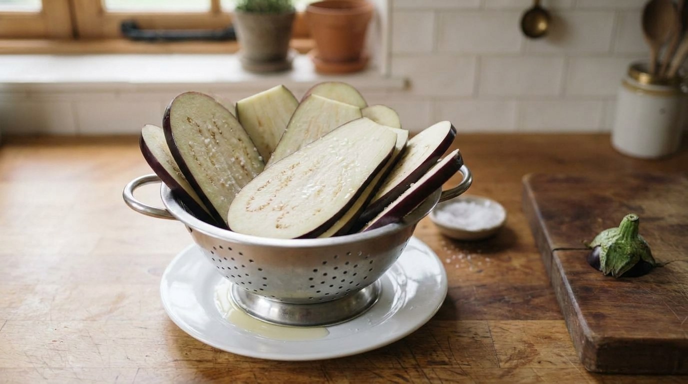 Lengthwise eggplant slices layered with coarse kosher salt in a colander over a plate on a butcher-block counter, beads of water drawn out on the cut surfaces