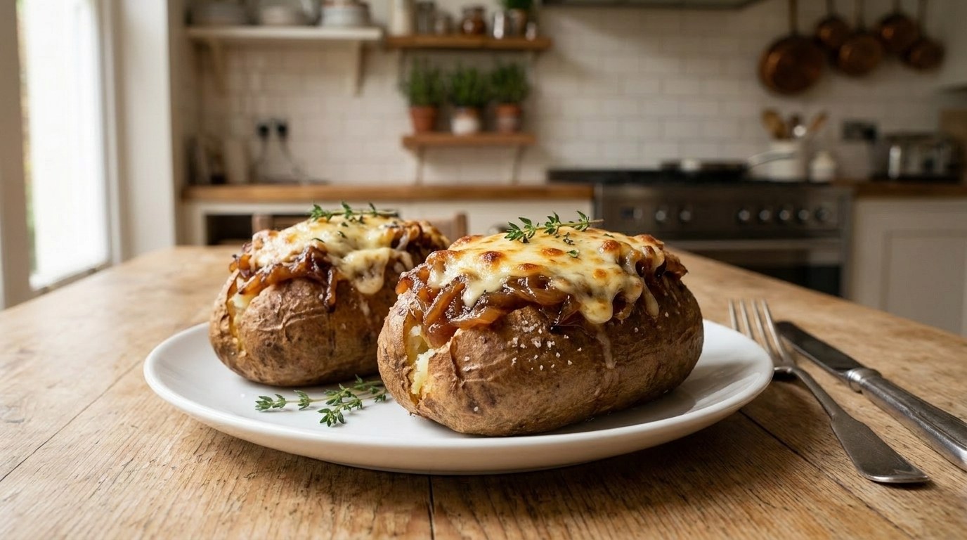 French onion baked potatoes topped with caramelized onions and melted Gruyère
