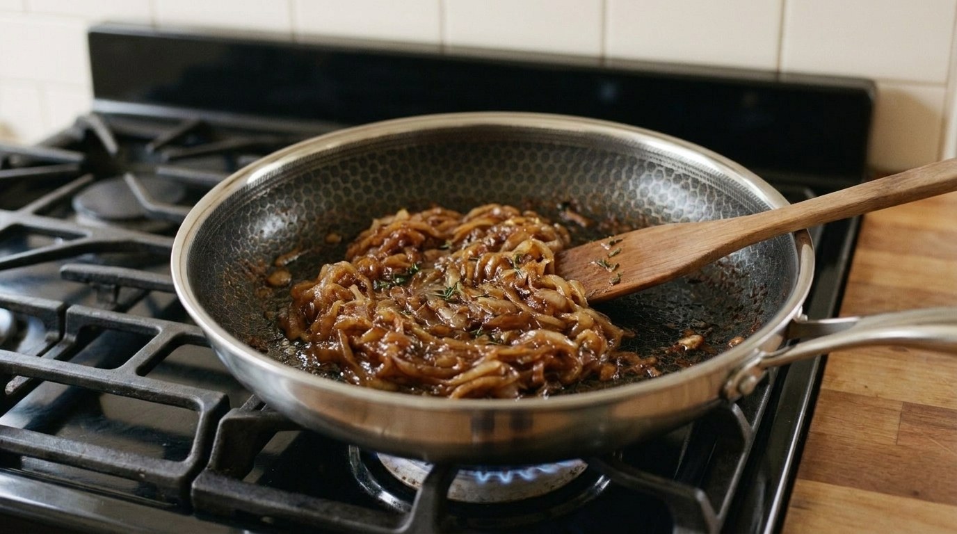 Deep brown caramelized onions with thyme in a hybrid skillet on a gas range, cooked down for French onion baked potatoes