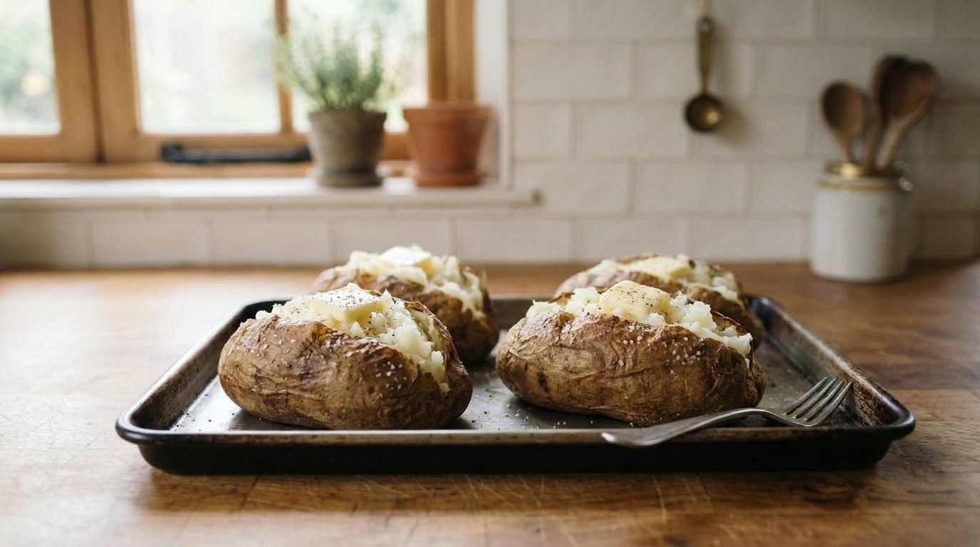 Four baked russet potatoes split open on a sheet pan, fluffy white insides with melting butter and black pepper, ready for French onion toppings