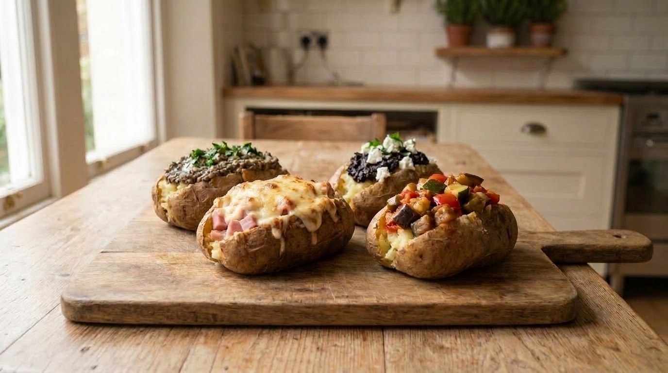 Four French baked potato toppings on a wooden board: mushroom duxelles, croque monsieur ham with béchamel and melted cheese, olive tapenade with goat cheese, and ratatouille