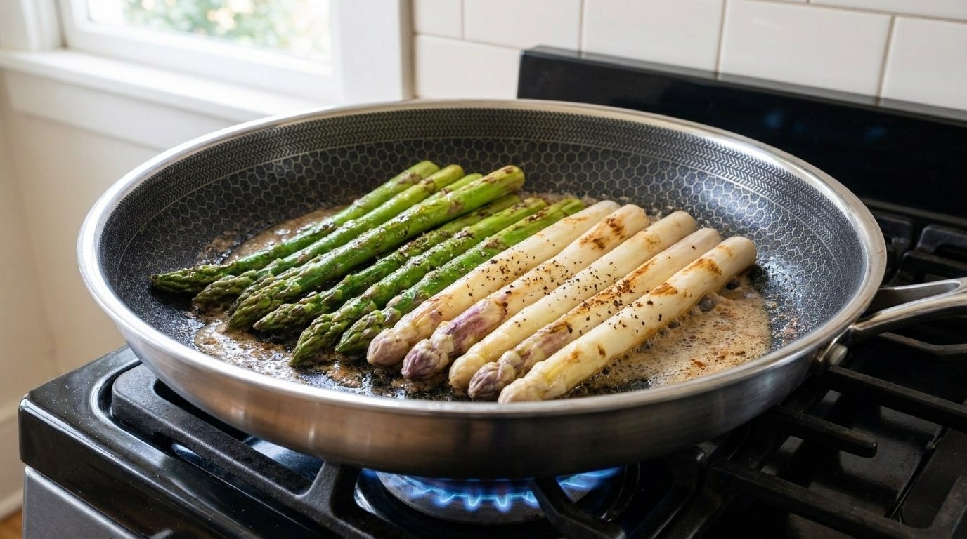 Thick green and white asparagus spears searing in a hybrid stainless skillet on a gas burner, the green spears bright with blistered spots and the white spears streaked golden, butter browning and foaming around them