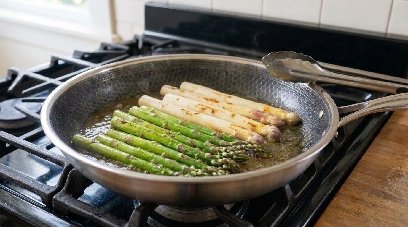 Green and white asparagus spears resting in buttery vegetable stock in a skillet on the gas range, the burner switched off, steam rising before the pan is covered