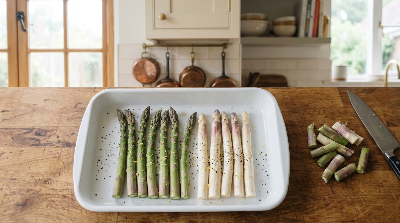Trimmed raw green and white asparagus spears with budded tips laid on a white tray and seasoned with cracked black pepper and lemon salt, the cut woody ends beside a chef's knife on a butcher-block counter