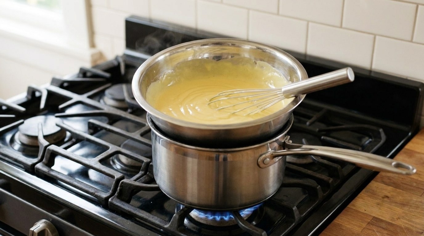 Glossy, pale yellow hollandaise sauce in a stainless-steel bowl set over a saucepan of simmering water, a balloon whisk resting in the sauce