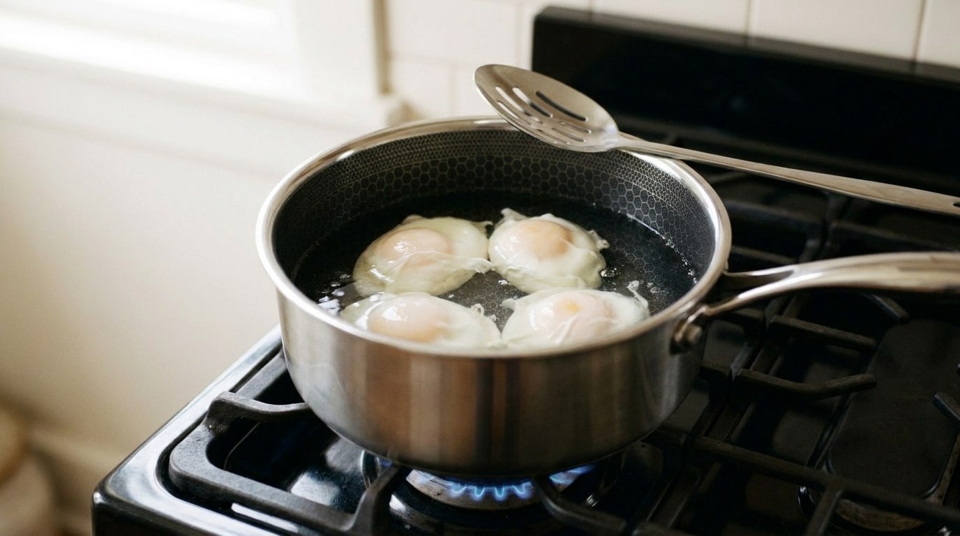 Four strained eggs poaching in barely simmering water in a 3-quart saucepan on a gas stove, the whites set soft and opaque around runny yolks, a slotted spoon resting on the rim