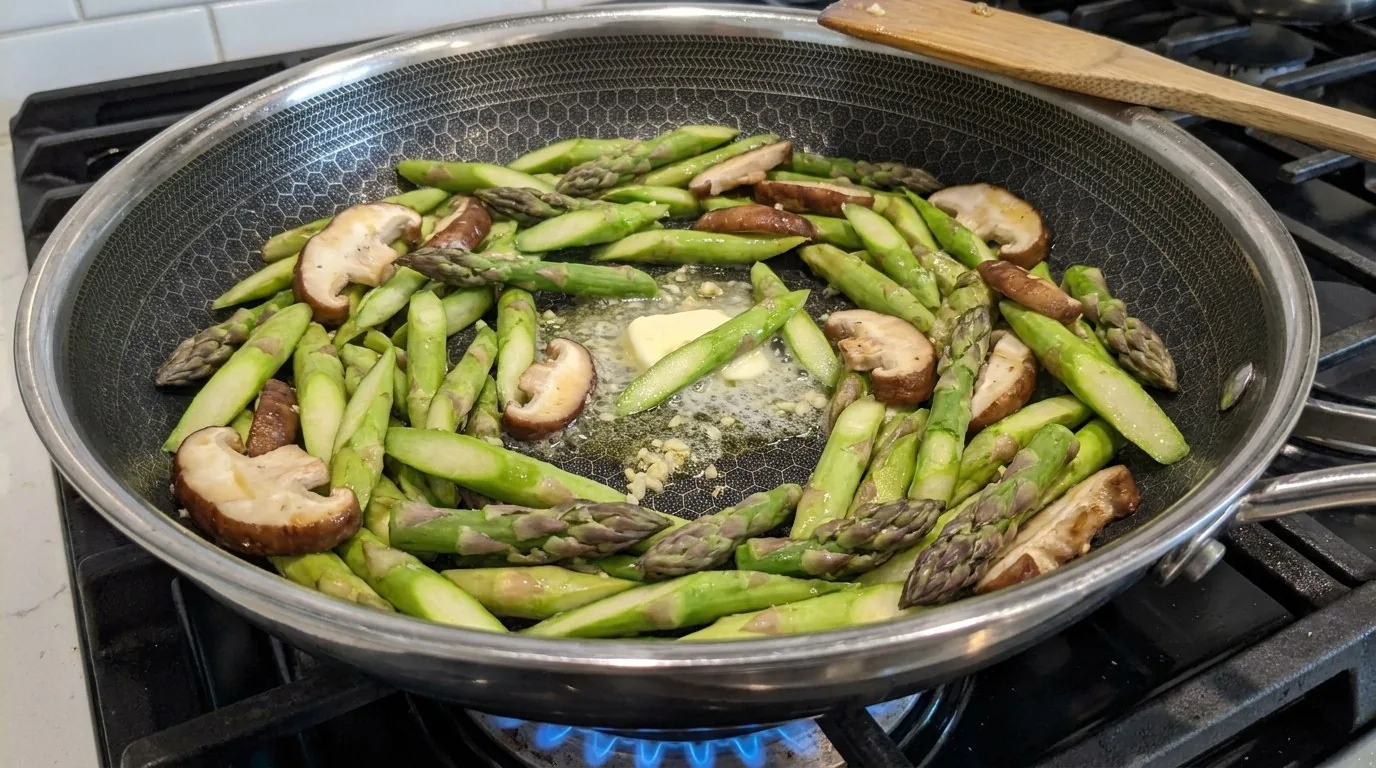 Asparagus cut on the bias, tips included, and sliced shiitake mushrooms cooking in olive oil and melting butter in a nonstick skillet on a gas stove, before the eggs