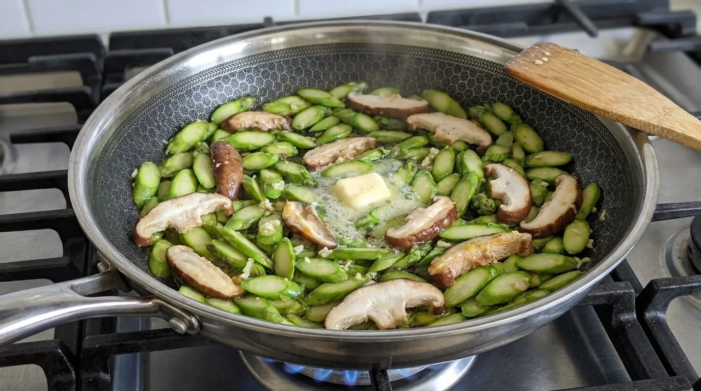 Thinly sliced asparagus and shiitake mushrooms cooking in olive oil and melting butter in a nonstick skillet on a gas stove, before the eggs