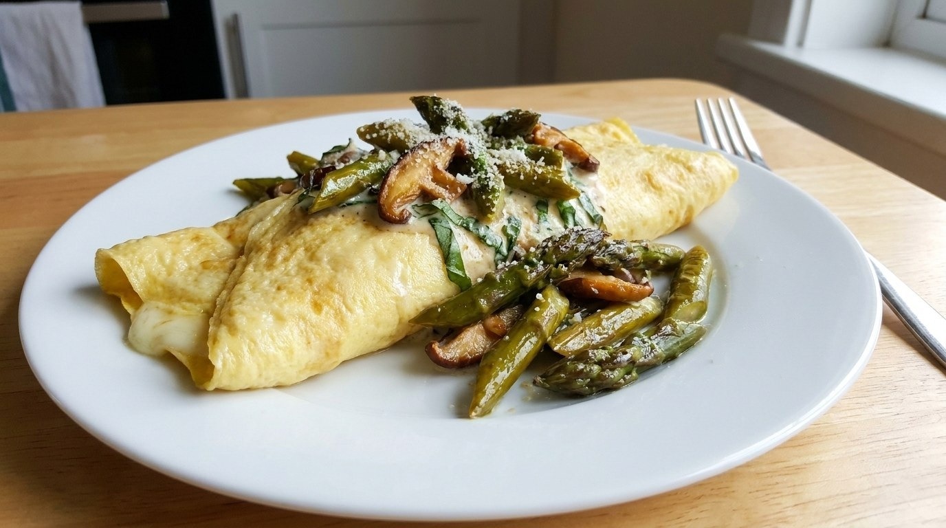 Gordon Ramsay Omelette with Mozzarella, Basil, Asparagus and Shiitake