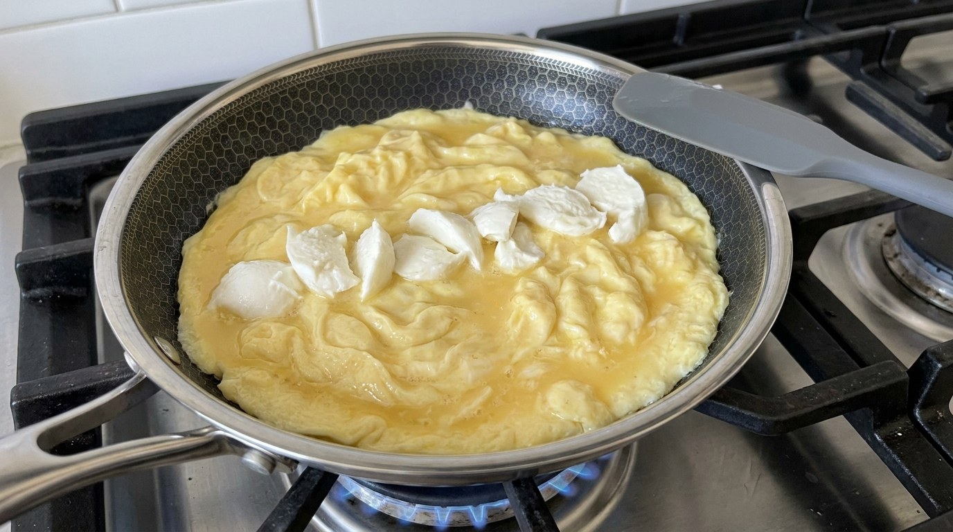 Three eggs almost set in a small nonstick pan with torn pieces of fresh mozzarella laid in a line down the middle, before the omelette is folded