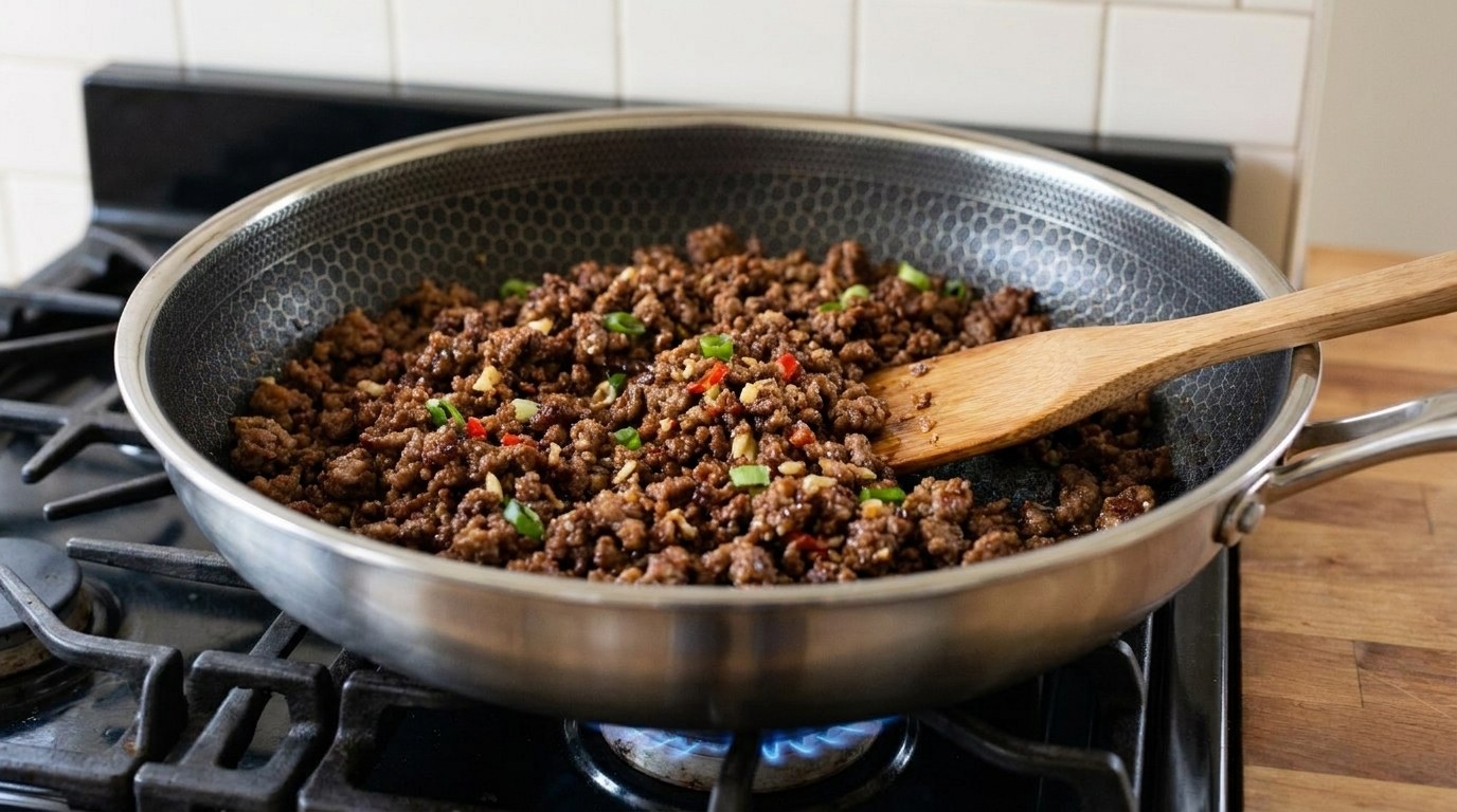 Finished chilli beef filling for ground beef lettuce wraps in the skillet: crisp brown beef with garlic, ginger, red chilli and sliced green onions