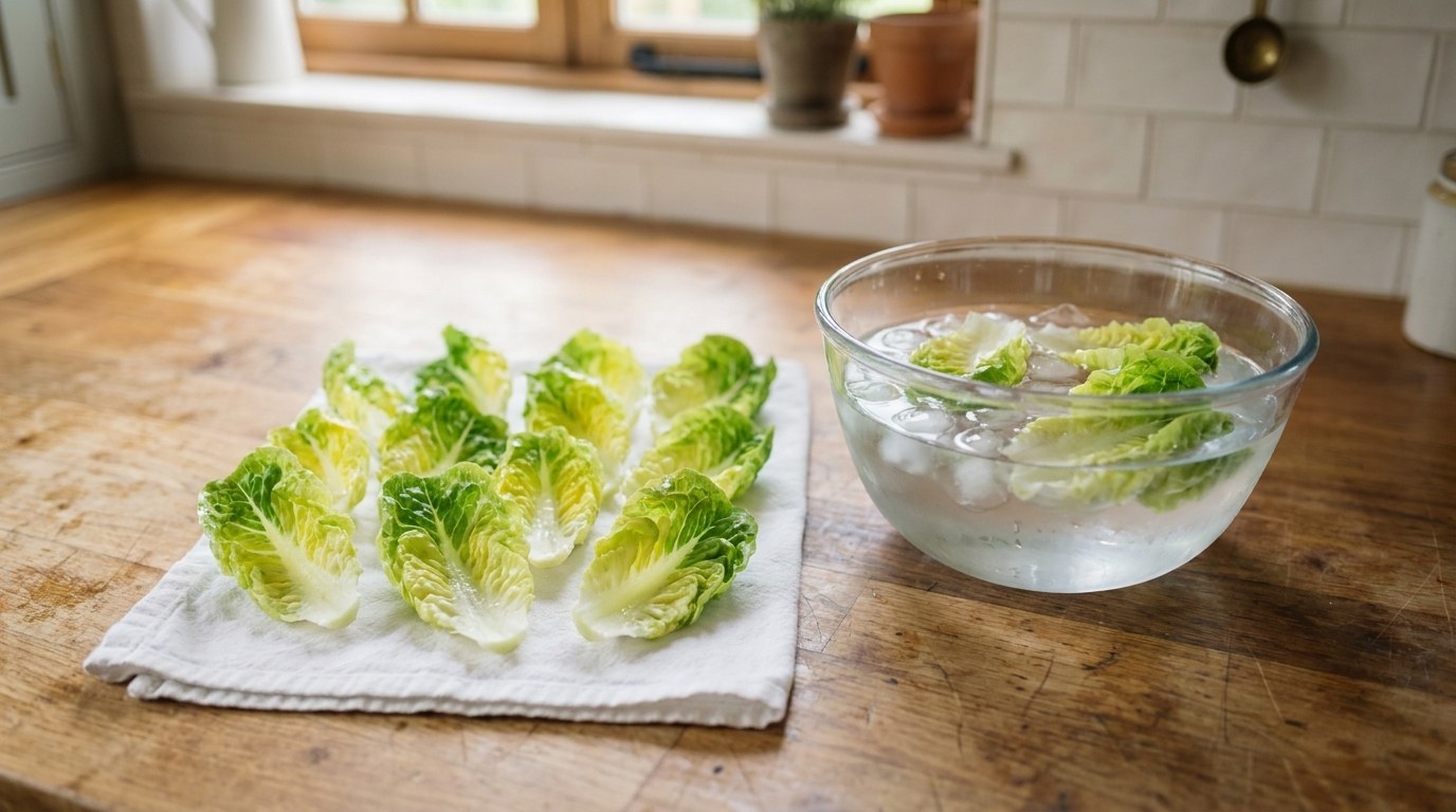 Little gem lettuce cups for ground beef lettuce wraps draining on a kitchen towel after an ice-water soak, beside a bowl of ice water