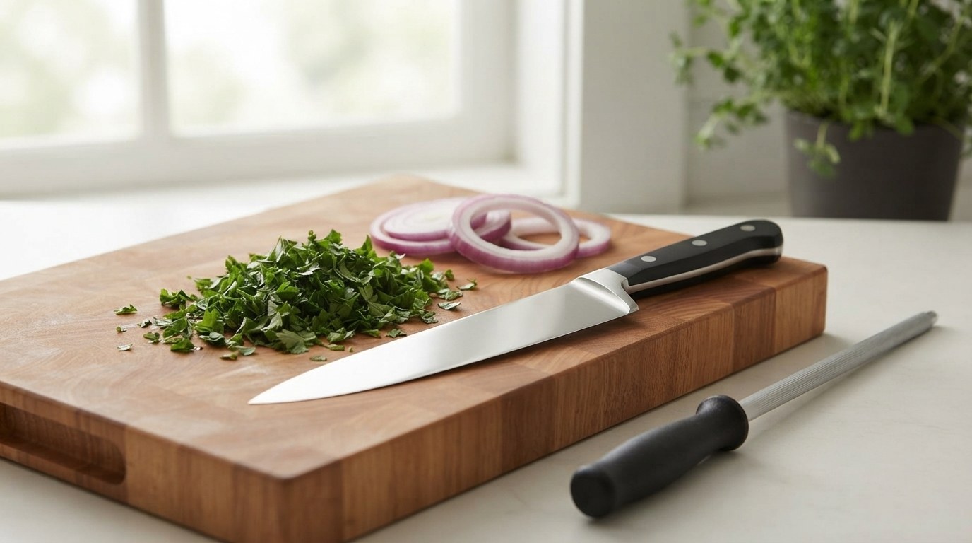 An 8-inch chef's knife on an end-grain board beside cleanly chopped parsley and sliced red onion, with a honing steel on the counter