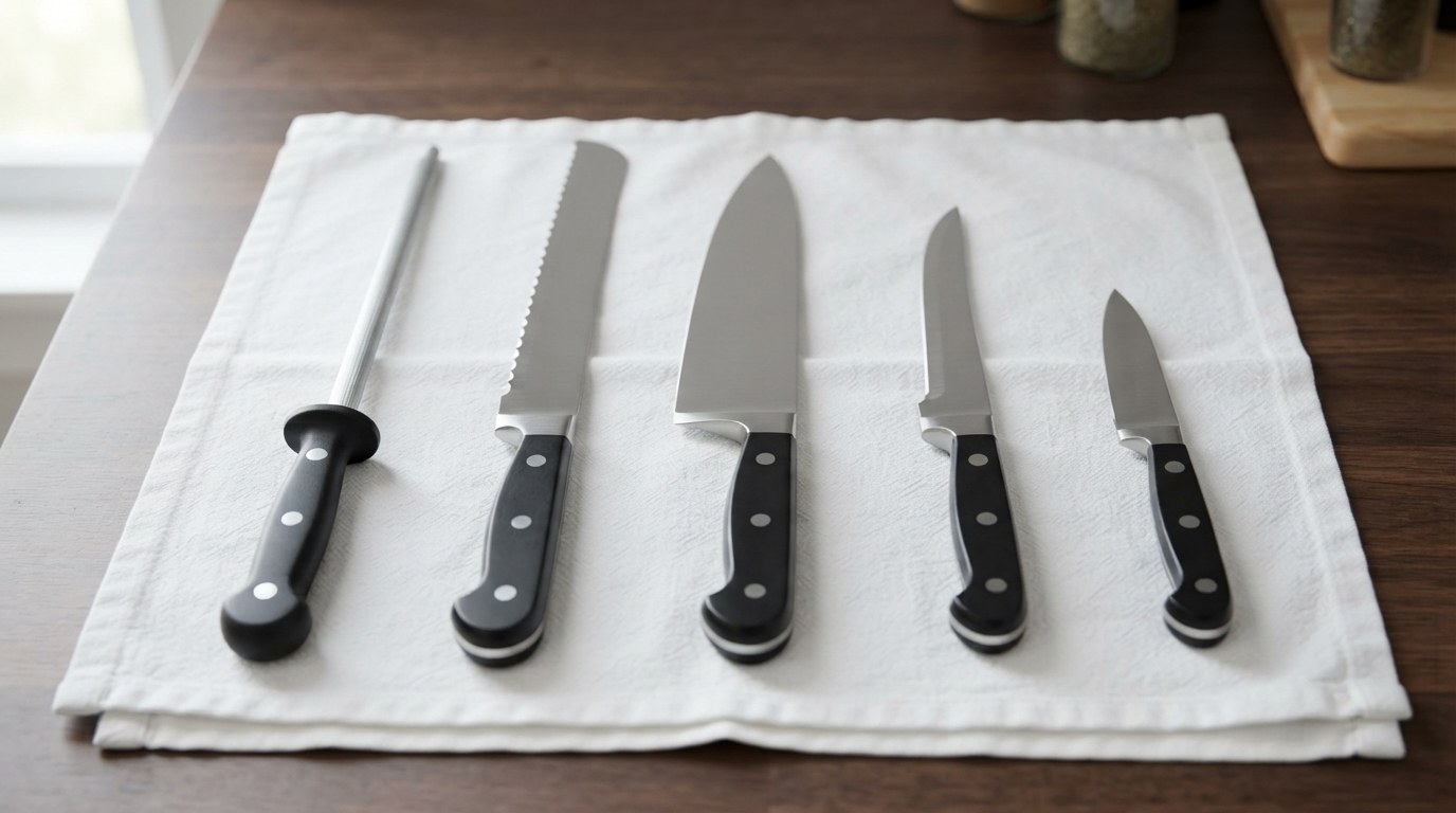 A Hell's Kitchen style knife kit laid out on a kitchen towel: honing steel, serrated bread knife, chef's knife, boning knife and paring knife with black three-rivet handles