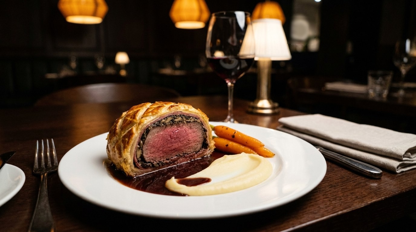A slice of Hell’s Kitchen-style Beef Wellington on a white plate with potato purée, glazed baby carrots and red wine sauce, in a dimly lit restaurant