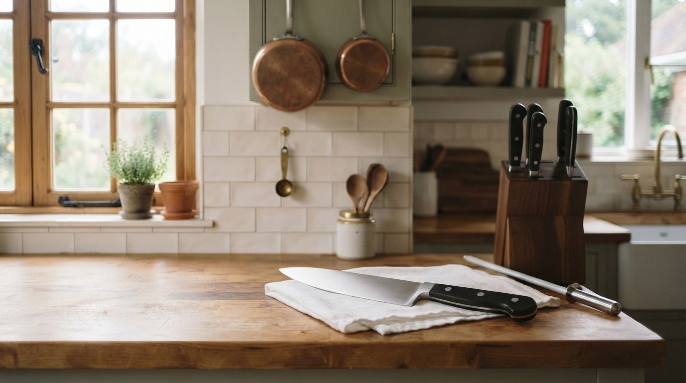 A hand-washed Henckels-style black-handled chef's knife drying on a folded white towel beside a wooden knife block and a honing steel on a butcher-block kitchen counter