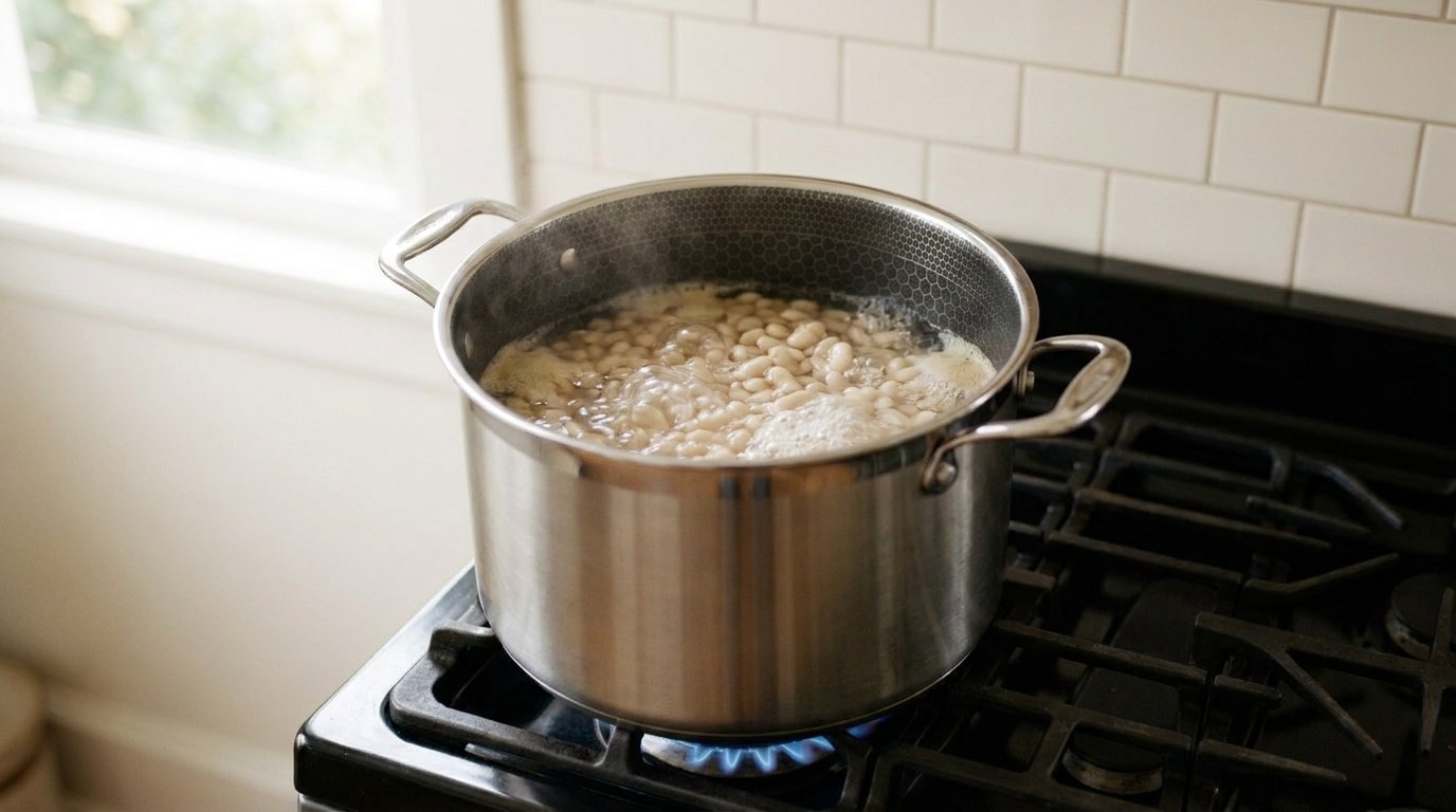 Soaked dried navy beans at a hard rolling boil in fresh water in a tall stainless-steel stockpot on a gas range, the first 10 minutes of cooking baked beans from scratch